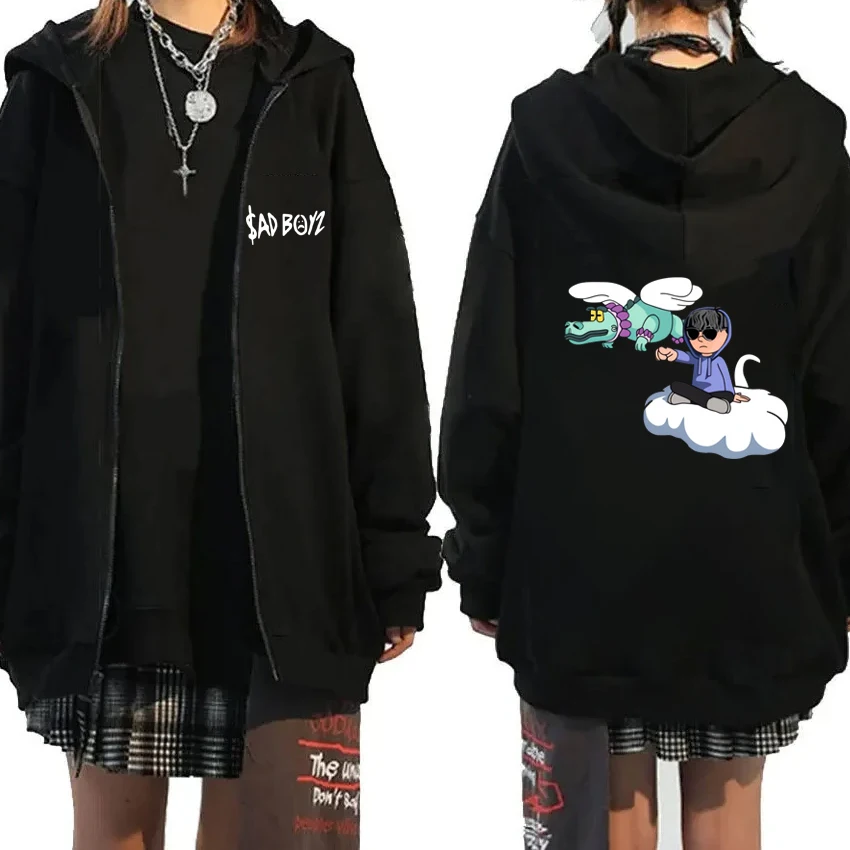 Sudadera con capucha con cremallera para hombre y mujer, abrigo informal de gran tamaño con gráficos divertidos de Junior H Sad boyz, chaqueta de forro polar con cremallera, color negro