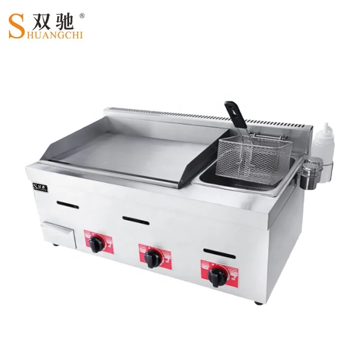 Commercial kitchen stainless steel Table top gas griddle&fryer 2 In 1 with 3 burner