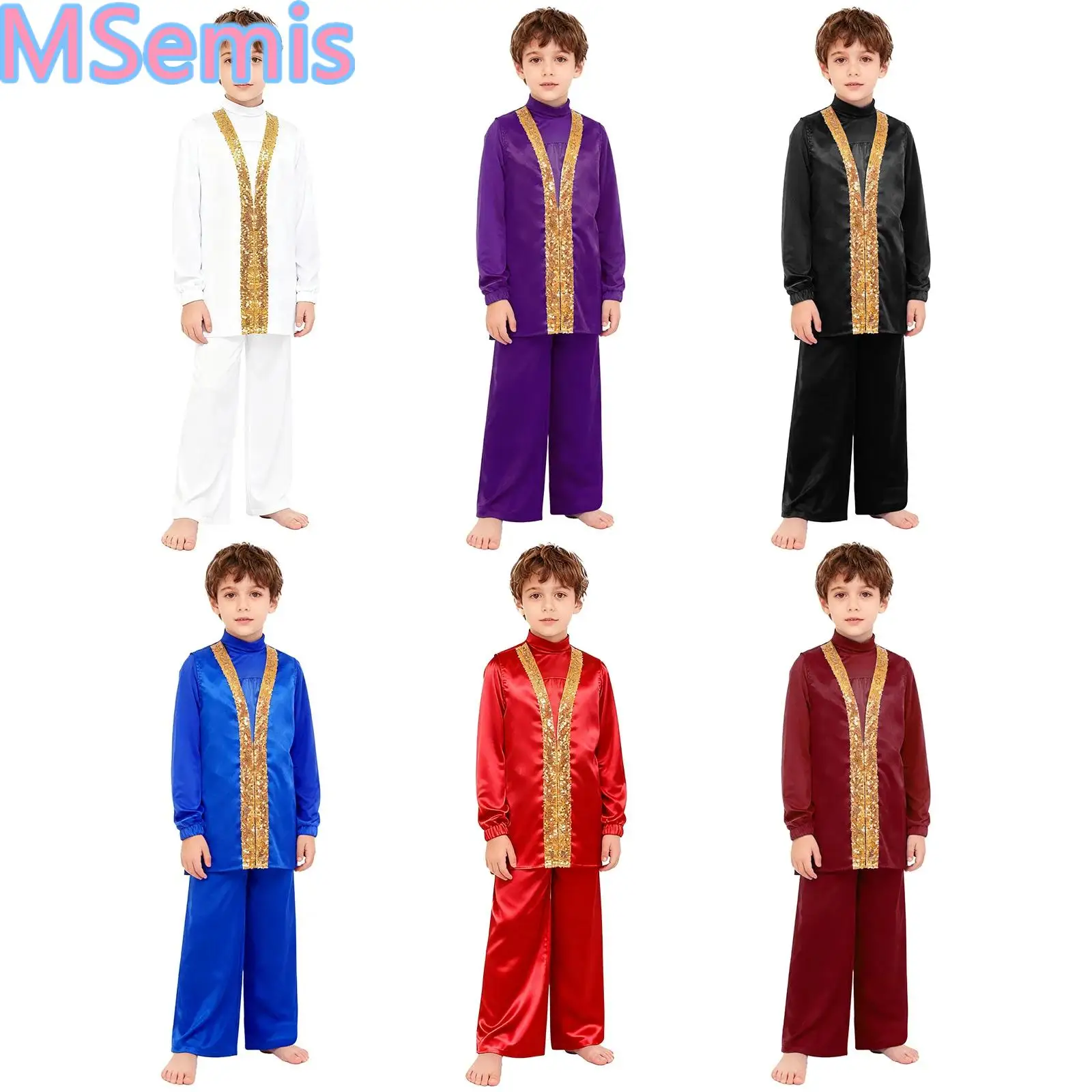 

Kids Boys Praise Dance Outfits Mock Neck Zipper Satin Top with Elastic Waistband Wide-Leg Pants And Sides Split Satin Robe