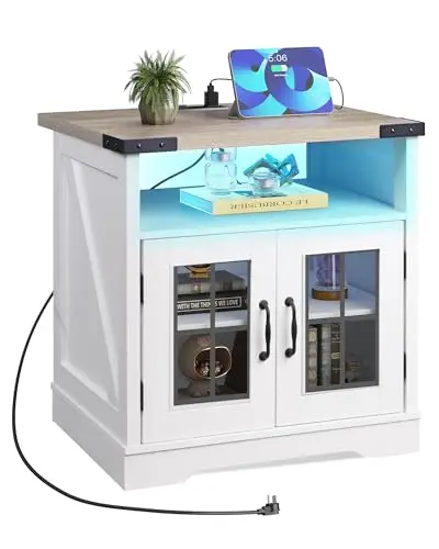 Farmhouse End Table with Charging Station & LED Light for Living Room | Side table with Adjustable Storage Shelf for