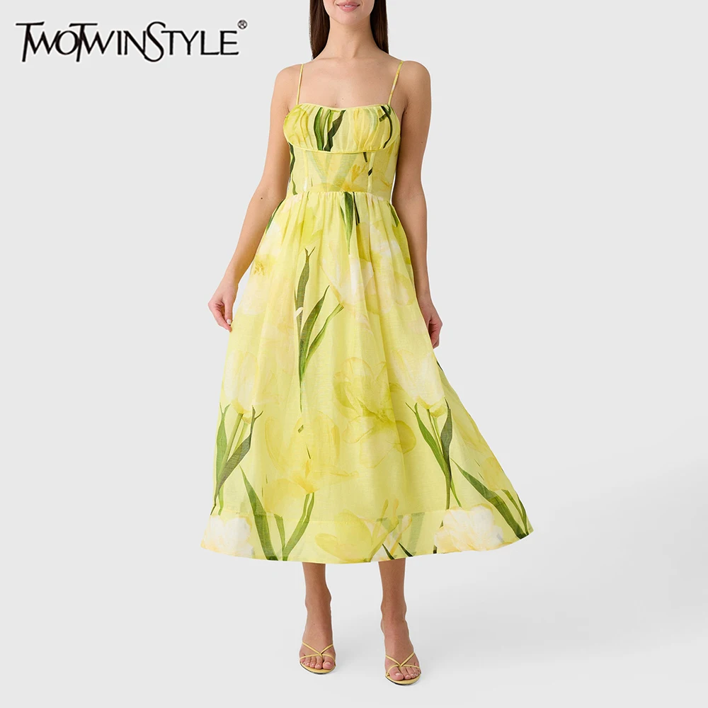 TWOTWINSTYLE Colorblock Loose Spliced Print Dress for Women Square Neck Sleeveless Patchwork Lace Up Dresses Female Elegant New