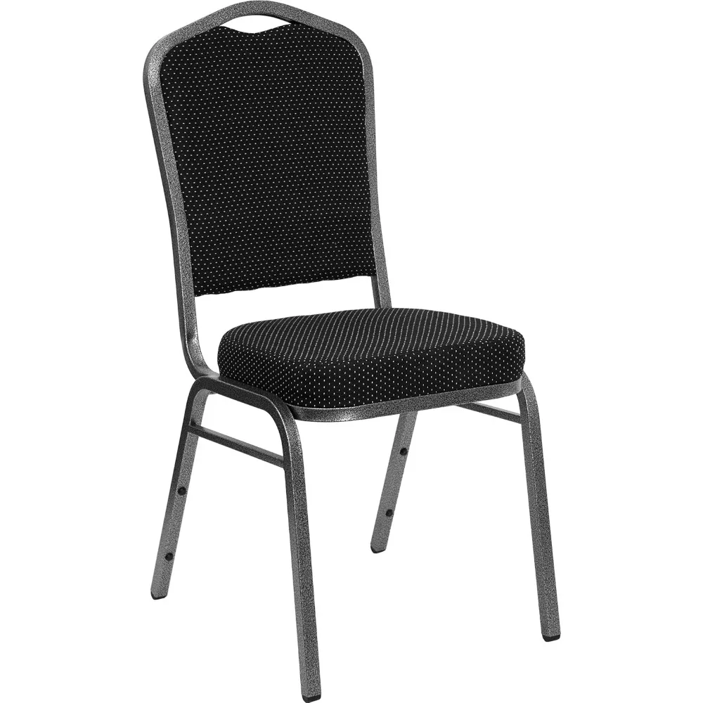 Silla de banquete apilable con respaldo de corona de la serie HERCULES, tela negra estampada, marco de vena plateada