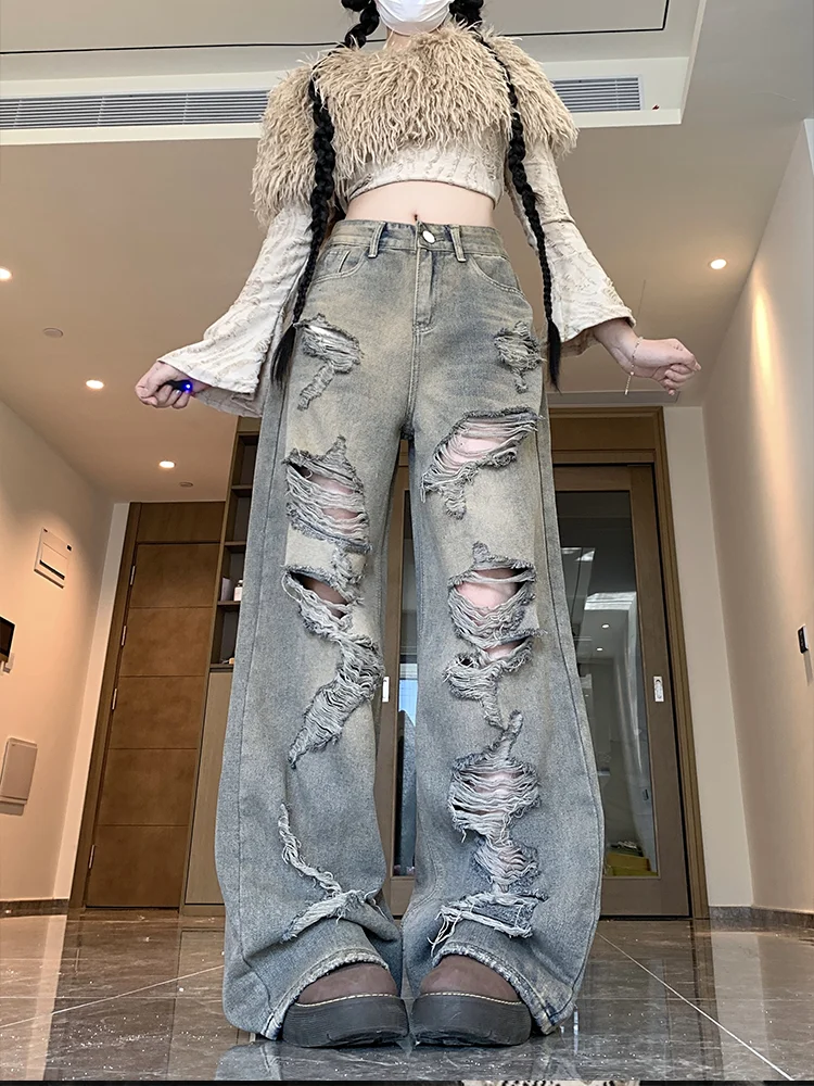 جينز نسائي أزرق ممزق فضفاض Y2K Harajuku High Street جمالي مجوف 90s فضفاض واسع الساق جينز ريترو بنطلون ملابس
