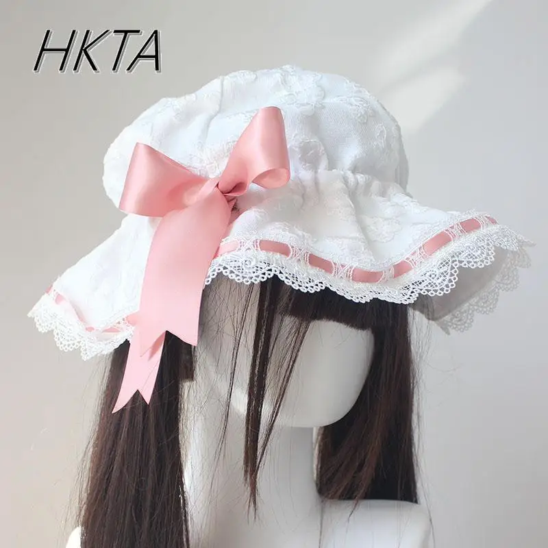 

Japanese Sweet Cute Lolita Hat Women Lace Bow Printing Lolita Girls Cap New Summer Kawaii Travel Shade White Pink Hats Daughter