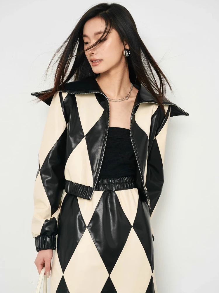 Elegant Short Genuine Leather Jackets for Women High-end Simple Black White Contrast Design Navy Collar Soft Real Sheepskin Coat