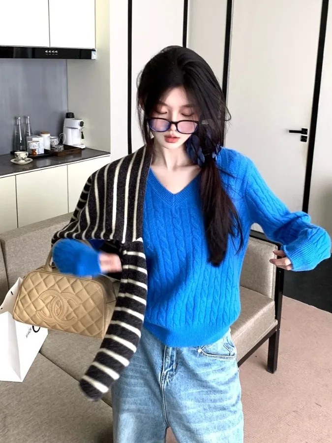 

Blue Long Sve Knitted Sweater Autumn Winter Slim Fit New Sle Twist Base Layer Thin Girl Top Warmth Emitting V-Ne Sweater