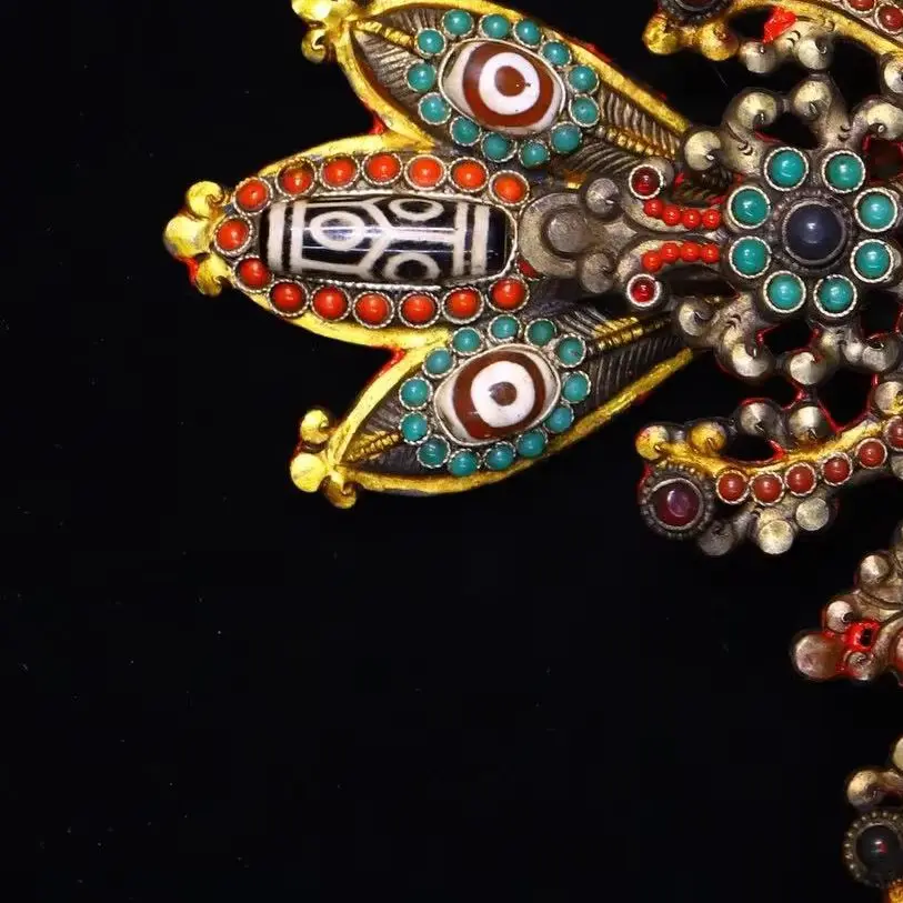 Old Natural Crystal Tibetan Silver Mosaic Gem gZi Beads Ganesha  Buddha Head  Mask Worship Hall