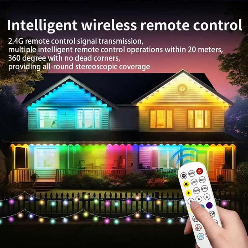 Bluetooth RGBIC Outdoor Eaves Light String 15M 30LEDS Remote Control App Control Waterproof Easy Install for Festival Xmas Decor