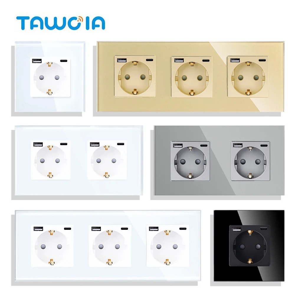 TAWOIA EU Socket presa di corrente Crystal 16A presa USB Type-C Triple Glass Wall Socket EU Glass montaggio a parete con porta di sicurezza