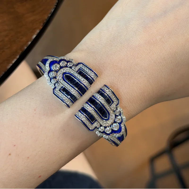 Bellux high-end jewelry lab grown sapphire bracelet 925 silver gold-plated wave blue enamel design vintage open bangle