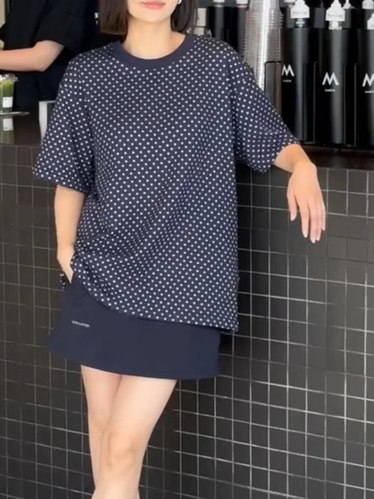 

Летний топ в синий горошек, женский свободный крой ort Sve plus Size, корейский Sle, универсальный однотонный, повседневная одежда для поездок на работу