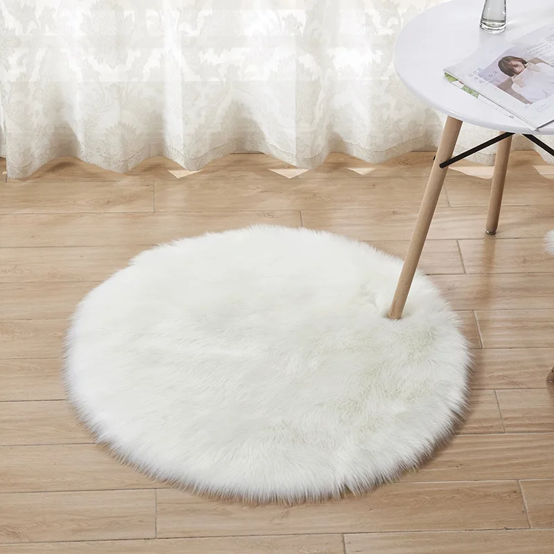 

Simple Solid Faux Wool Round Carpet Super Soft Skin-Friendly Long Plush Floor Mats Non-Slip Living Room Bedroom Bedside Rugs