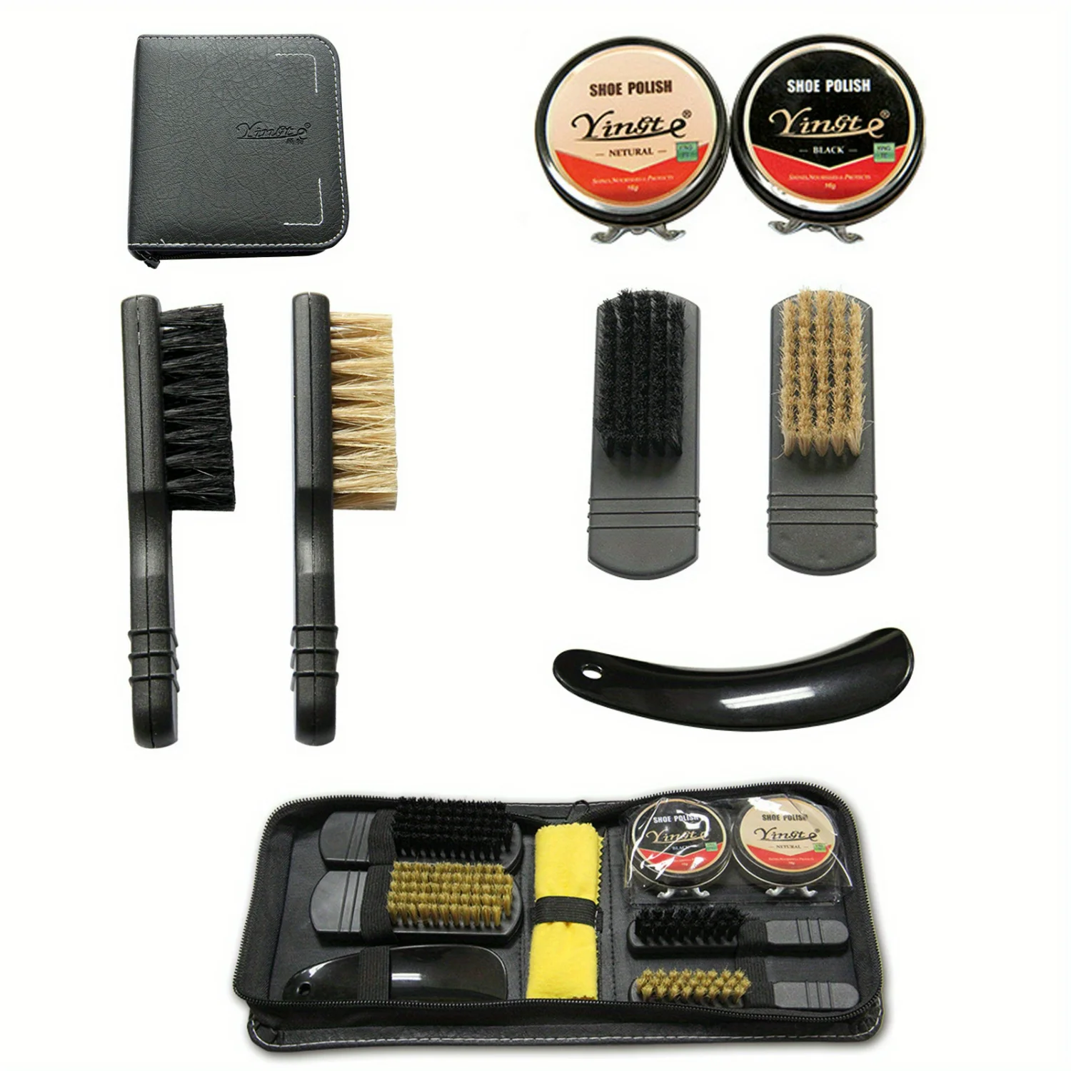 Travel Shoe Care Set, escova e polimento Kit, estojo de couro PU