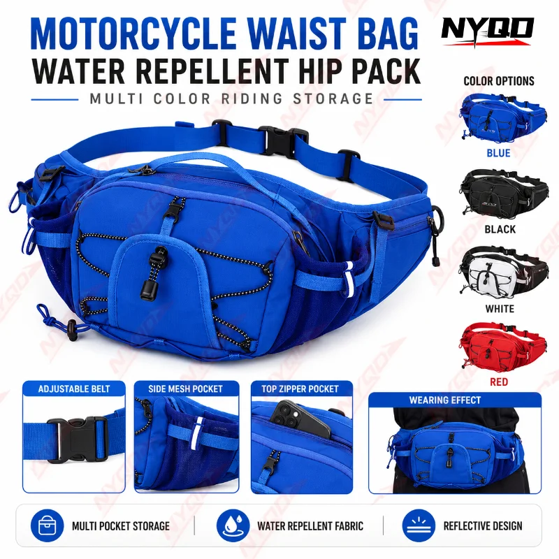 Motorcycle Riding Waist Bag Water Repellent Hip Pack Large Capacity Adjustable Belt Pouch Reflective Storage For Men Women