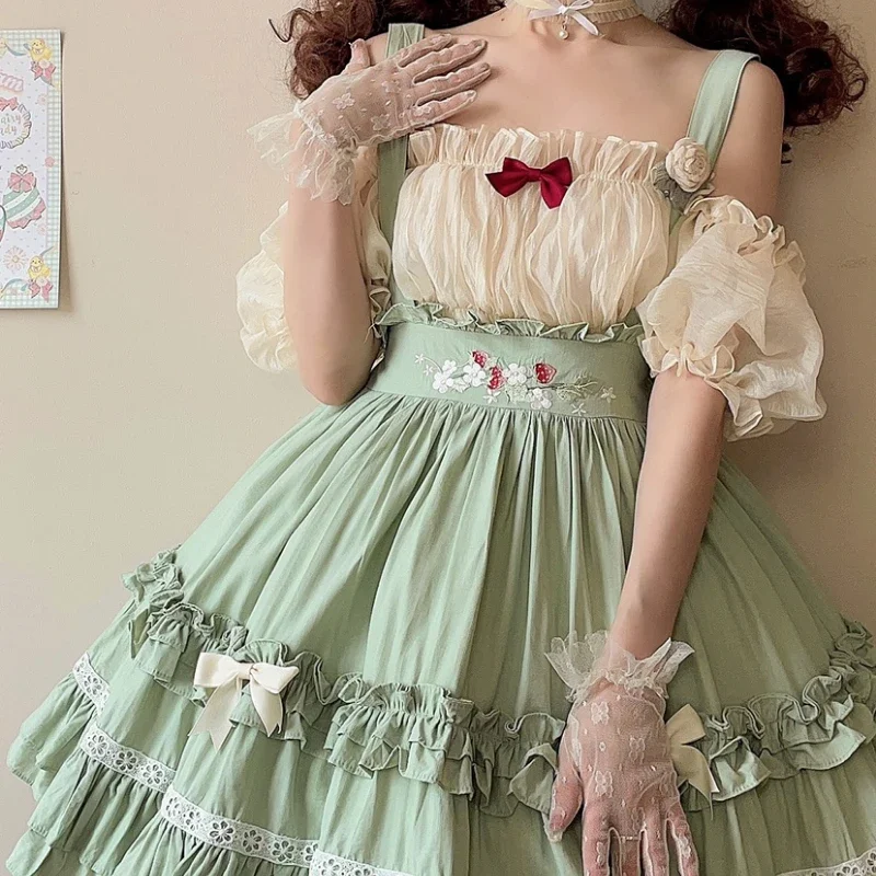 Japan Victorian Style Lolita Dresse Women Off Shoulder Chiffon Shirts Sweet Strawberry Strap Dress Suit Girls Gothic Cosplay Set