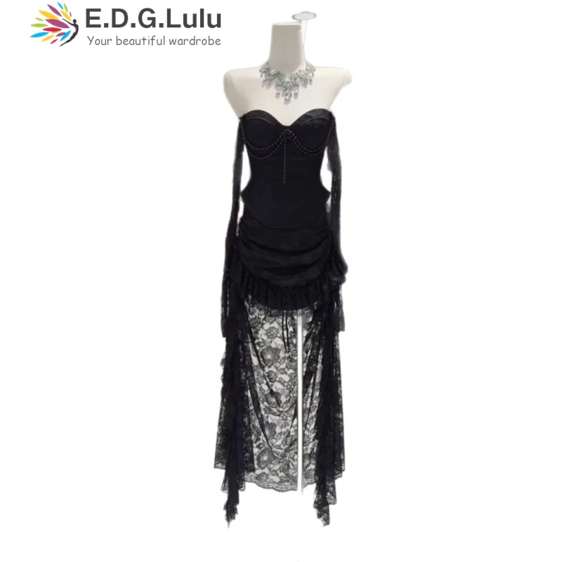 

EDGLuLu Pearl Patchwork Drawstring Lace-Up Backless Strapless Top+High Waisted Irregular Pleated Long Skirt Lace Suit 0119