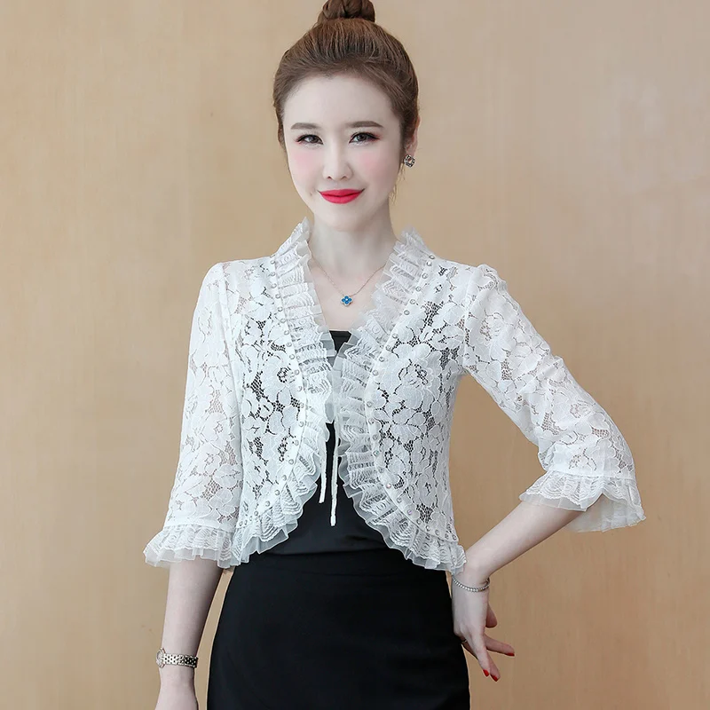 #5325 Summer Kimono Jacket Cardigan Women Three Quarter Sleeve Sexy Thin Lace Coat Female Diamonds Irregular Lace Jacket Vintage