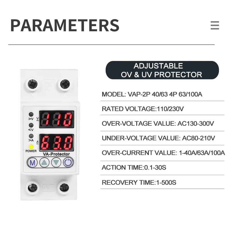 Digital Voltage Protector110V 220V 1P+N 63A 3P+N 100A 2Pole Din Rail Adjustable Over ANDUnder Voltage Current Protection Display