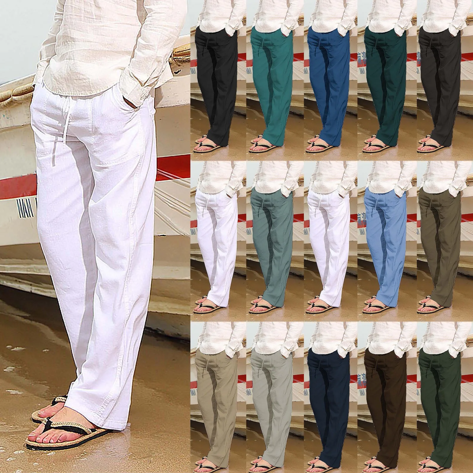 

Men Fashion Cotton Linen Plus Size Casual Elastic Waist Pockets Long Pants Trousers Multi Pocket Fashion Mens Casual 2024