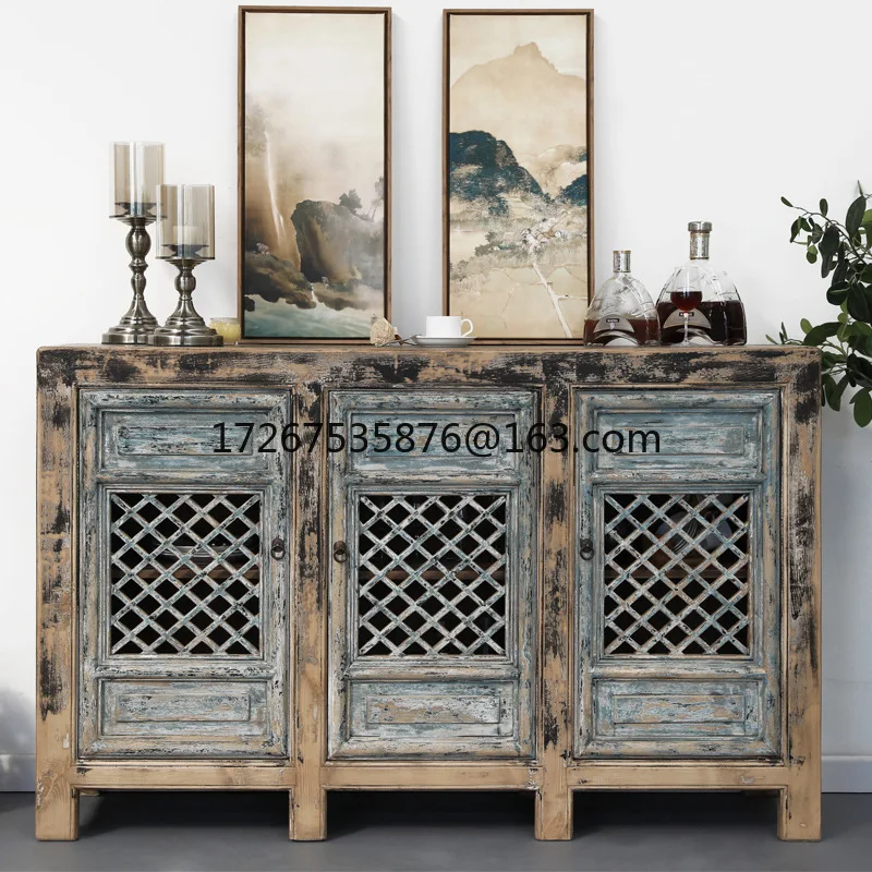 

Chinese solid wood retro old dining side hollow cabinet partition cabinet three-door storage decorative cabinet