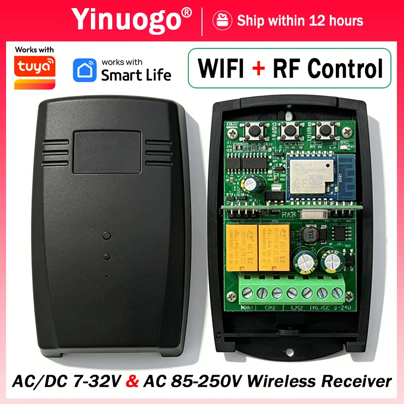 Universal 433MHz Garage / Gate Remote Control Receiver 2CH Relay Works With Tuya Wifi Smart Switch Module 433.92MHz Gate Opener