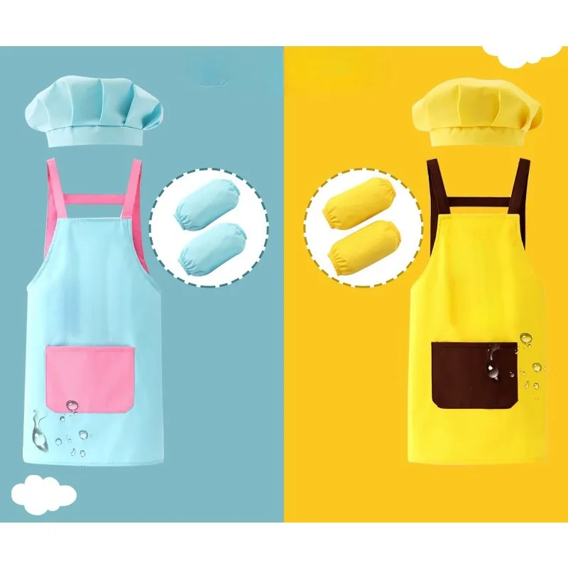 Children Apron Boys Girls Kitchen Aprons with Hat Sleeve Waterproof Painting Aprons Art Smock for Kids Cooking Drawing Clothes