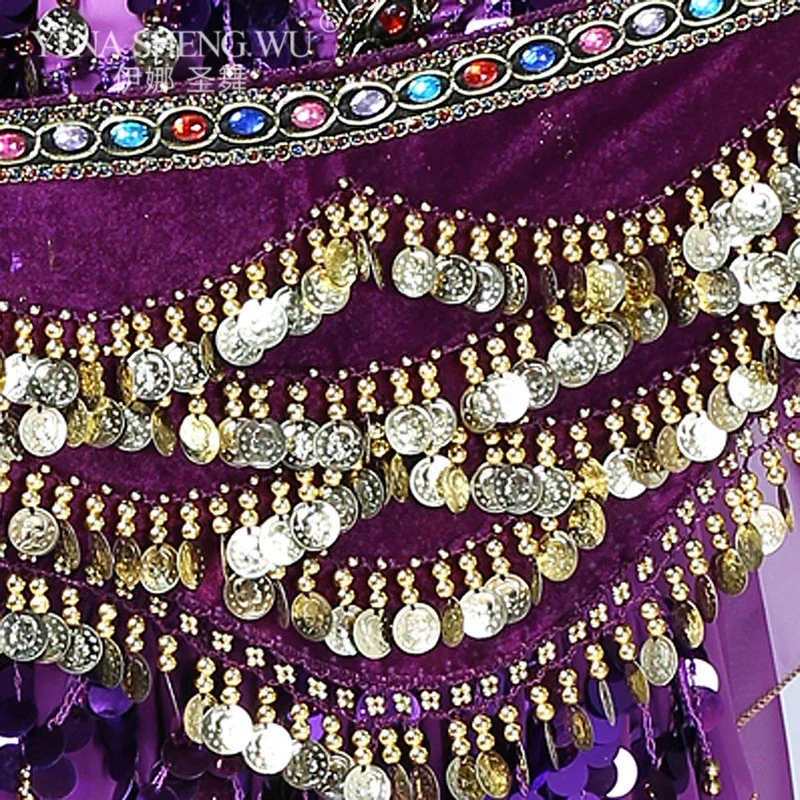 Belly Dance เอวเริ่มต้นเต้นรําอุปกรณ์เสริมที่มีสีสัน Rhinestone Flannel เต้นรําอินเดียทองเหรียญเข็มขัดเอว