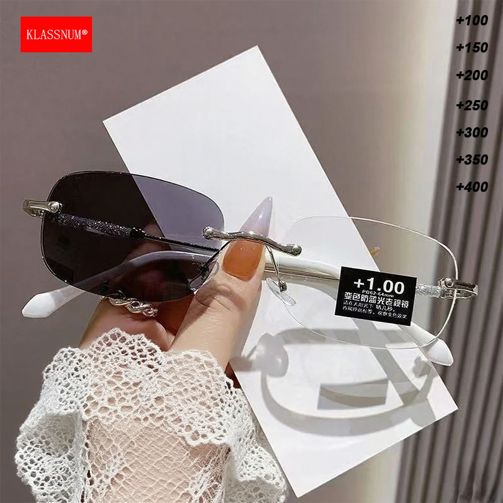 KLASSNUM Photochromic Reading Glasses Men Women Rimeless Lens Discoloration Magnifying Eyepiece Plus+1.0+1.5+2.0+2.5+3.0+3.5+4.0