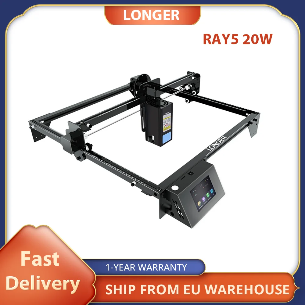 LONGER RAY5 20W Laser Engraver, 0.08*0.1mm Laser Spot, Color Touchscreen, 32-Bit Chipset, APP Connection, 375*375mm