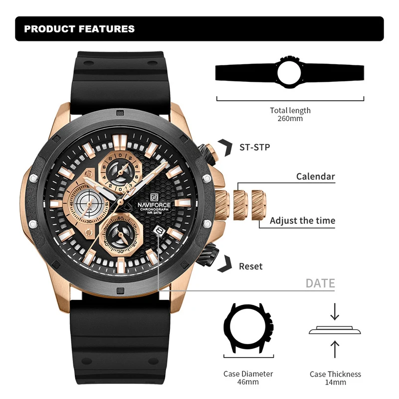 Top Luxury NAVIFORCE Multifunction Man Chronograph Fumed Silica Strap Quartz Wristwatches Military Sports Waterproof Men Watches