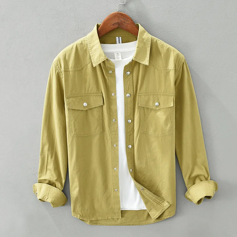 

100% Cotton Mens Long Sleeve Shirts Spring Autumn Causal Workwear Top Lapel Double Pockets Yellow Shirt Youth Fashion Overshirt