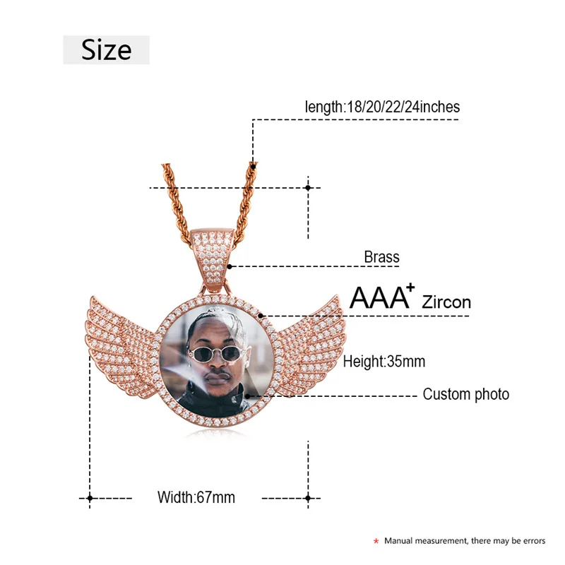 Custom Photo Frame Memory Necklace AAA Cubic Zircon Bling Iced Out Angel Wing Medallions Pendants Necklace Men Hip hop Jewelry