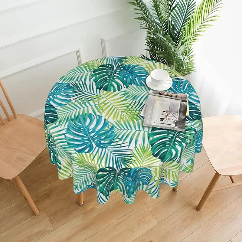 Tropical Palm Leaves and Flower Round Tablecloth Resistant Water-Proof Circular Table Cover Decorative for Kitchen Dining Picnic