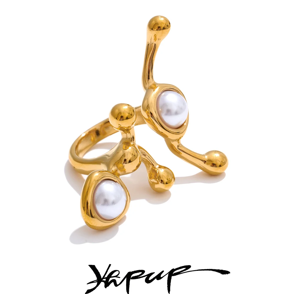 Yhpup Stylish Unique Design Pearls Geometric Adjustable Ring Personalized Stainless Steel Trending Finger Jewelry 2025