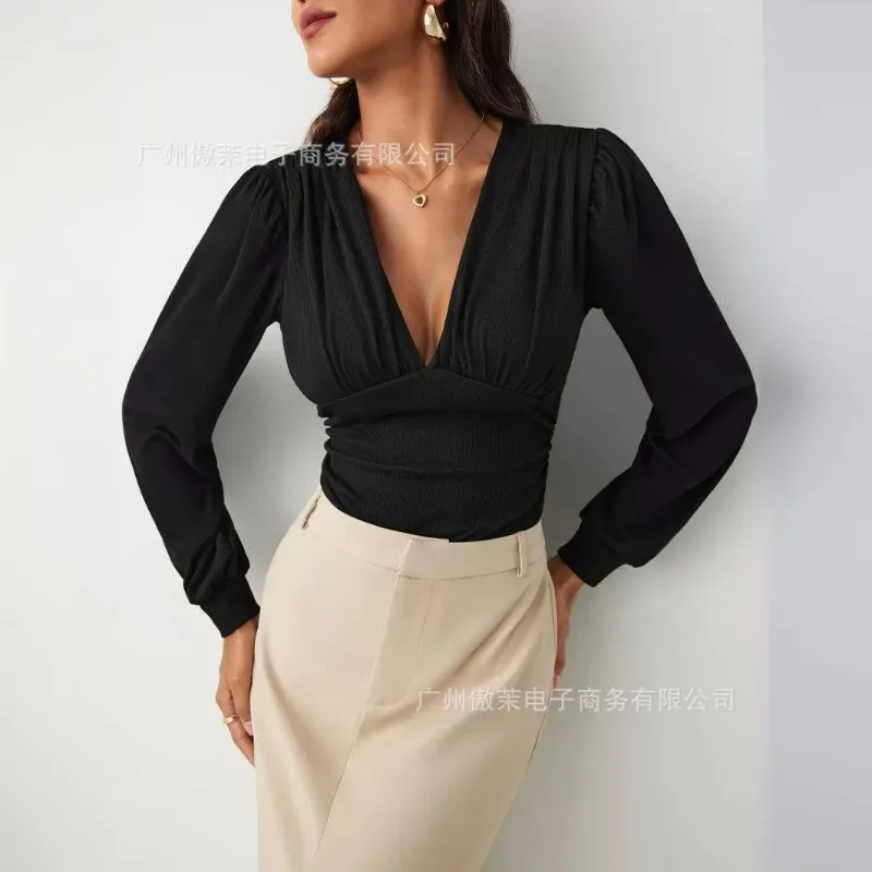 

2024 Spring Summer New Women's Clothing Solid Color Rib Fabric V-neck Tight Waist Jumpsuit