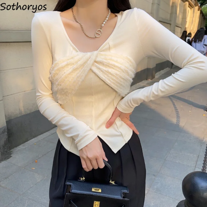 

Patchwork T-shirts Women Slim Sexy Spring Office Lady French Style Crop Tops Slit Chic Aesthetic Folds Solid Temperament Sweet