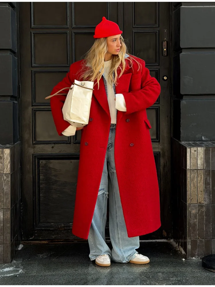 Urban Woolen Women Long Coat Full Sleeve Lapel Single Breasted Split Female Outwear 2026 Autumn Winter Lady Streetwear New