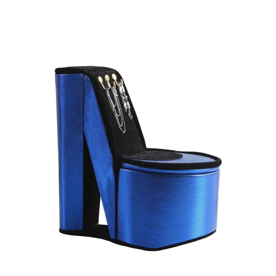 

9 Tall Display Jewelry Box with Hooks High Heel Shoe Design Blue Velvet