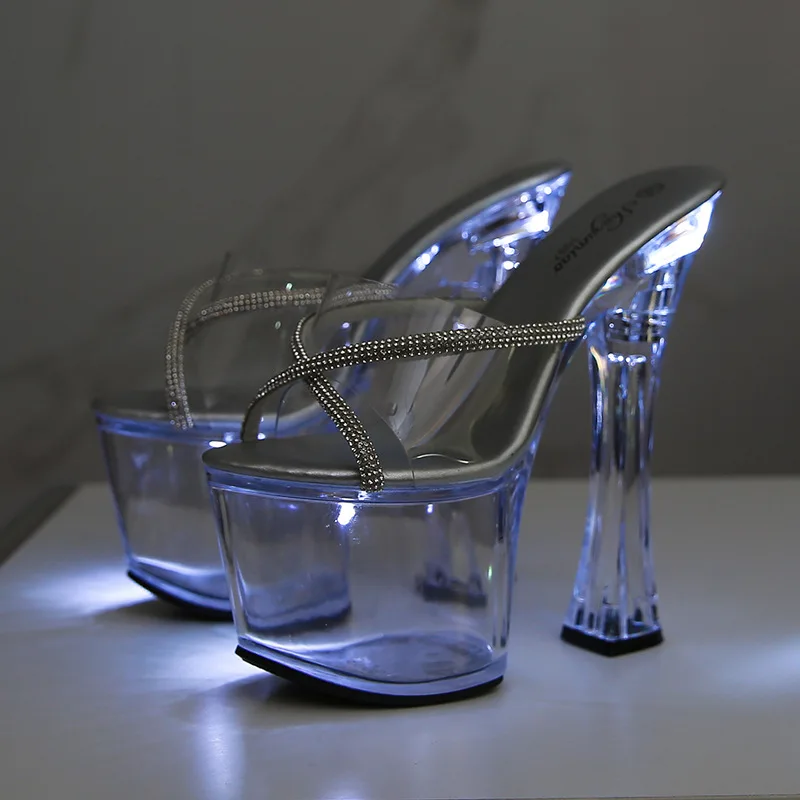 

Flash 18cm Transparent Sexy Fetish Shoes Open Toe Super High Heel 7Inch Nightclub Thick With Platform Taiwan Slippers For Women