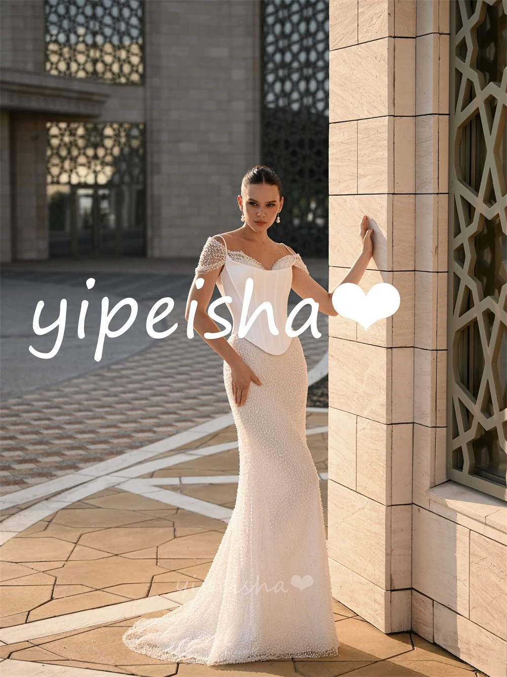Customized Exquisite Women Tulle Beading Ruched Mermaid Evening Dresses Fashion Off-the-shoulder Sleeveless Long Prom Dresses