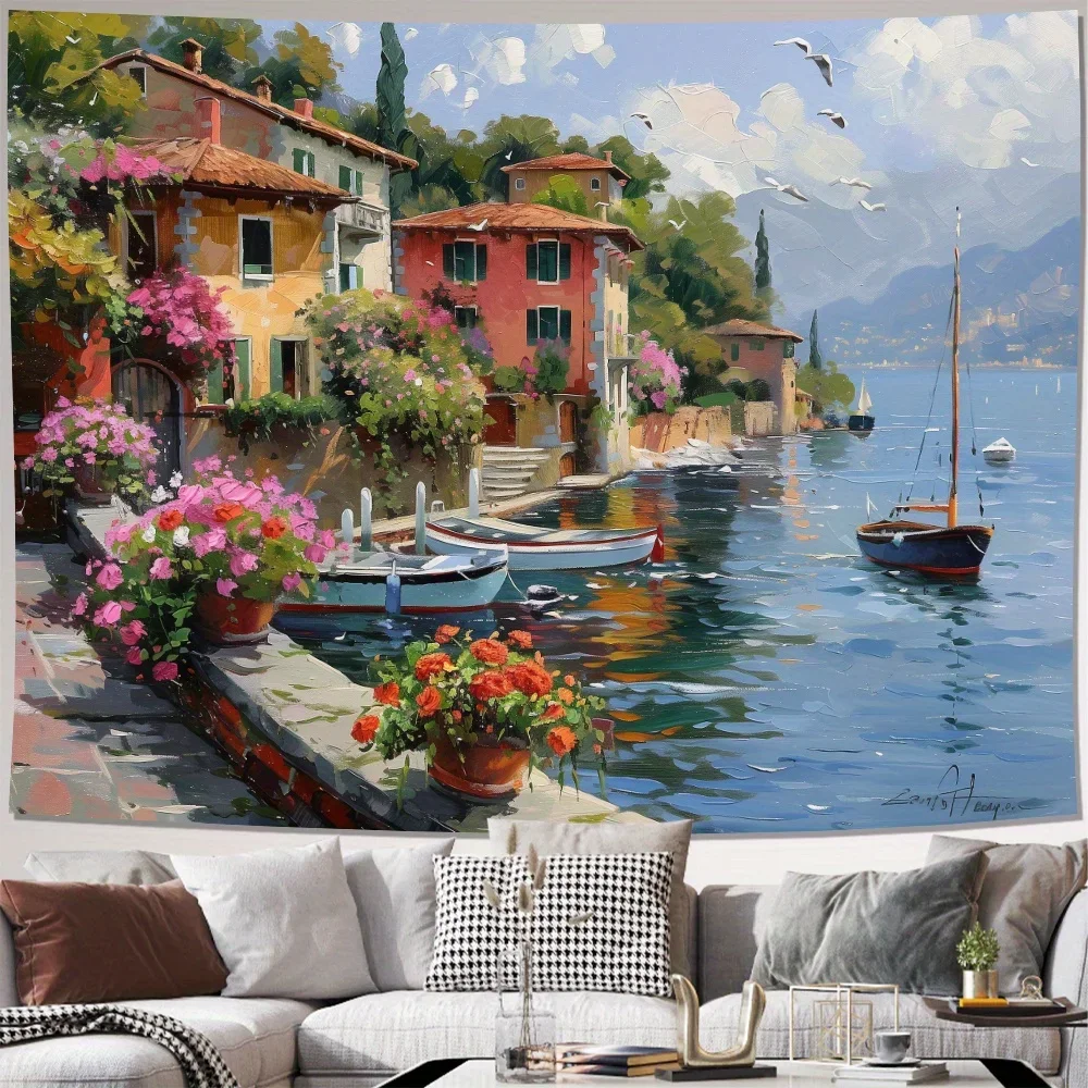 Mediterranean Italian Coastal Village Tapestry Wall Hanging Boho Home Decor Watercolor Landscape Mural Art