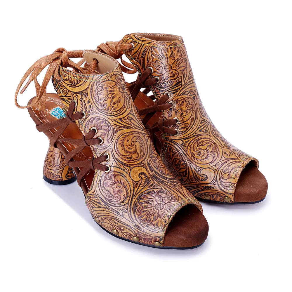 Merek Tinggi 7.7CM Kulit Domba Wanita Etnis Musim Panas Hak Tebal Ukuran Besar Peep Toe Pompa Diikat Silang Sandal Sepatu Mokasin