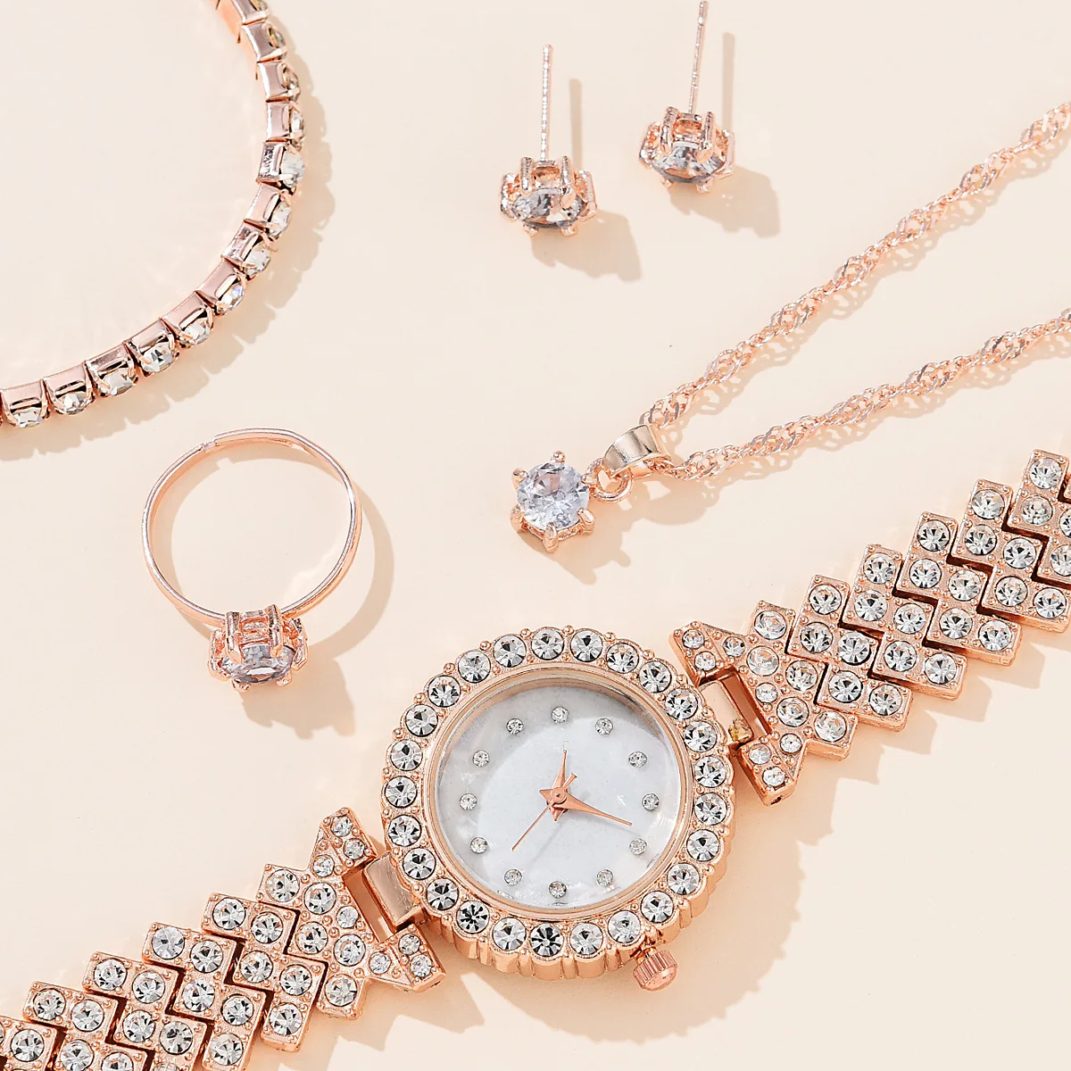 Luxury Women Quartz Watch with Diamonds Simple Stainless Steel Strap Clock Ring Necklace Earrings Rhinestone Set Reloj (no Box)