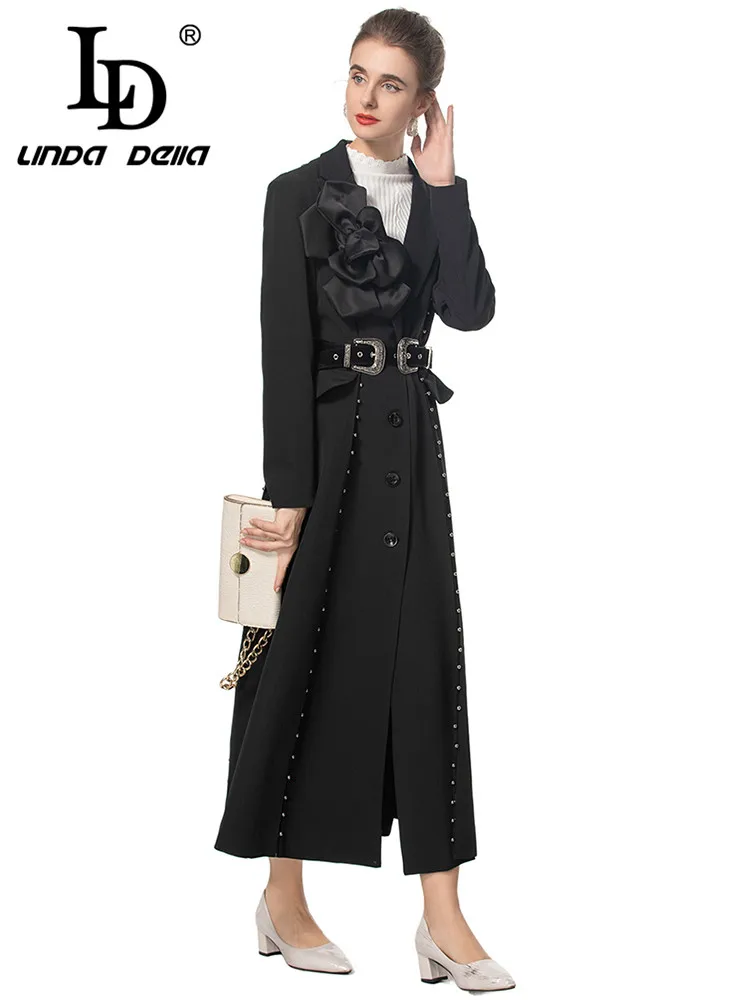 LD LINDA DELLA Women\'s Fashion Coat Autumn and Winter Long Sleeved Single-Breasted Sashes Slim Streetwear Appliques Overcoat