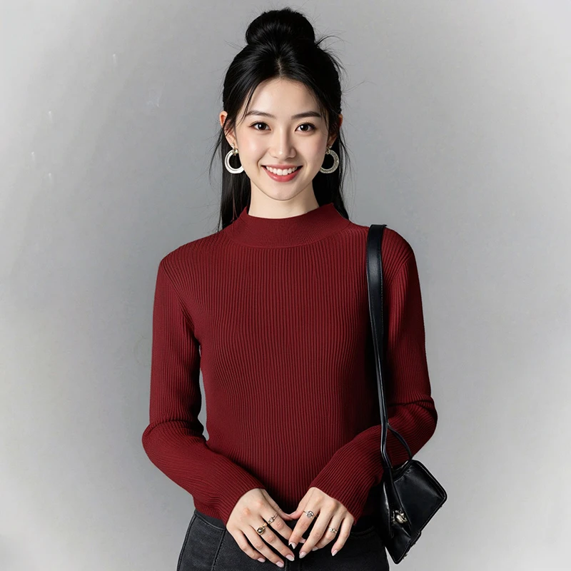 Korean Solid Color Half Turtleneck Long Sleeve Versatile Slim Knitted Sweater For Women