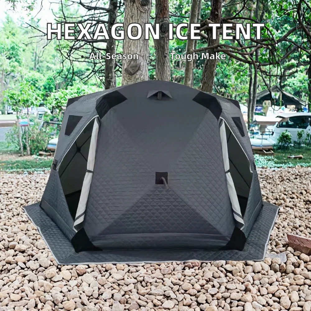 2025 Trend Portable Hexagonal Insulated Ice Fishing Tent 4-6 Person One Bedroom Winter Camping Hiking Friendly Fiberglass