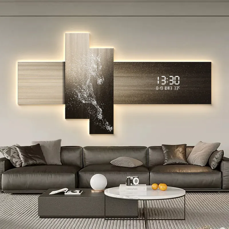 Modern Light Luxury Living Room Decoration Painting Sofa Background Wall Hanging Painting  Feeling Clock Mural Strip Light Led