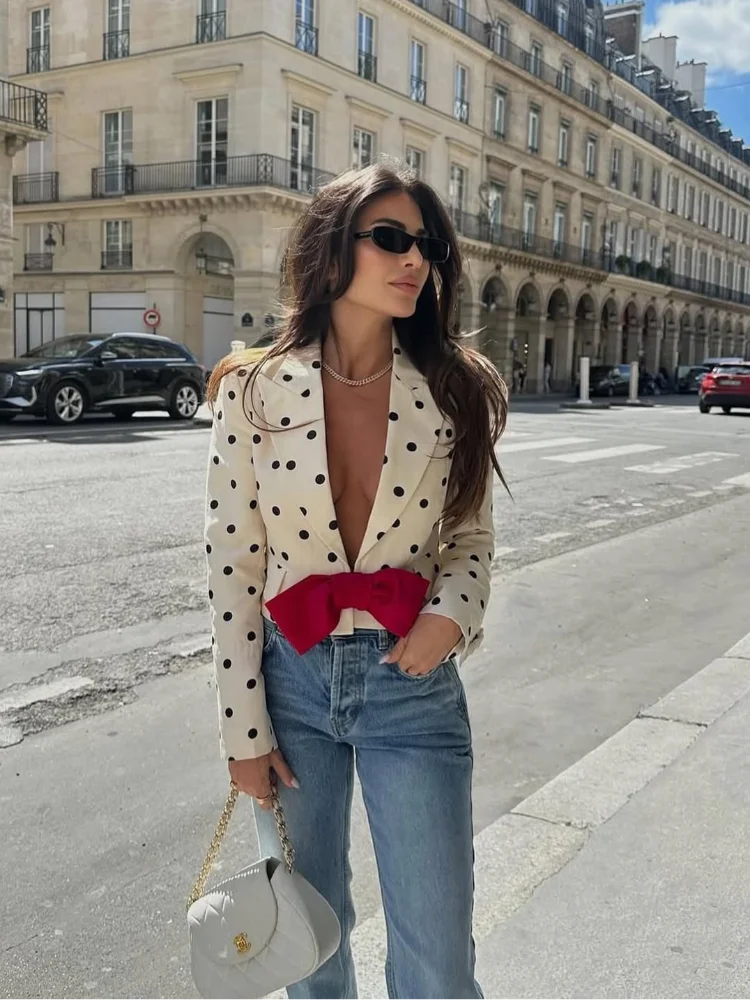 Fashion Women's A-line Polka Dot Suit Elegant Printed Bow Slim Fit V-neck Top 2026 Spring Autumn Office Holiday Travel Outfit