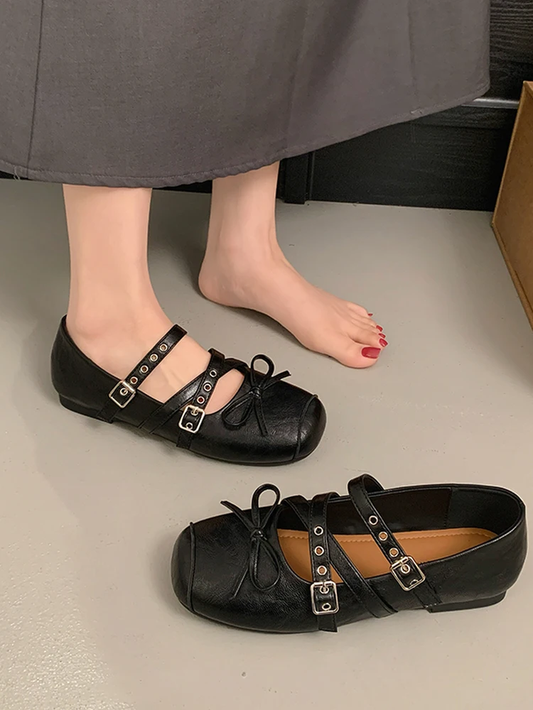 ローヒールメリージェーンシングルシューズ女性用バタフライノットとバックルデザインのファッショナブルな春夏フラットシューズ