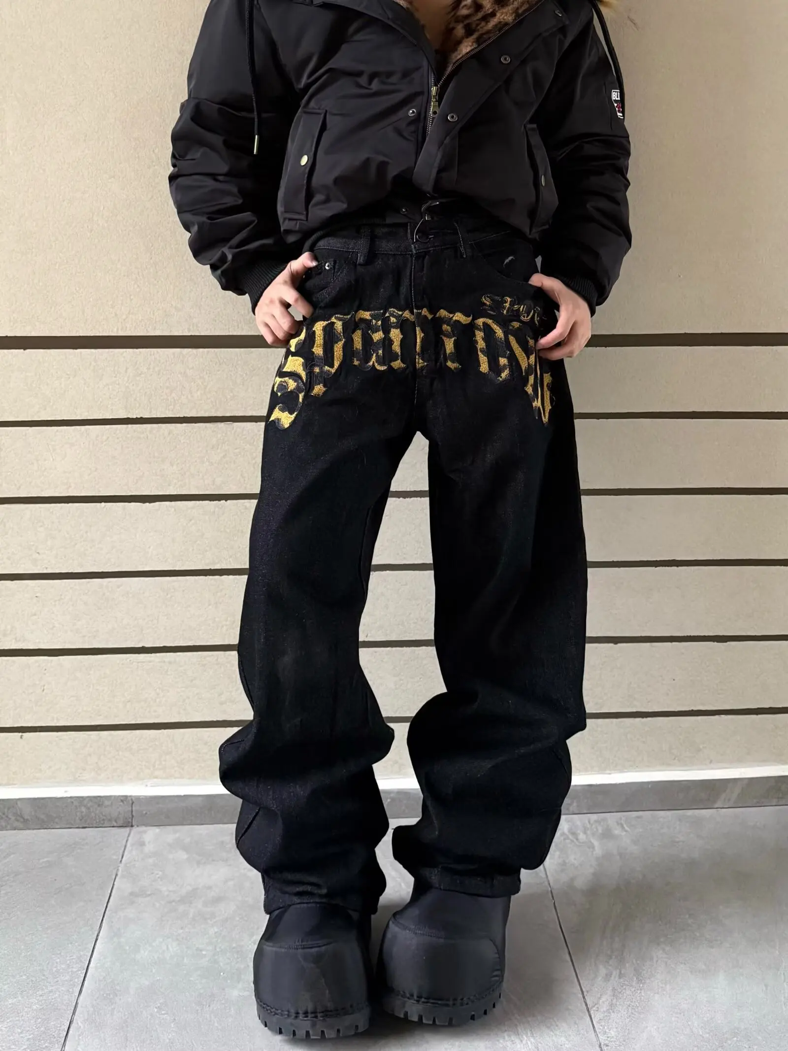 Popular Harajuku American Fashion Y2K Yellow Pattern Printed Jeans Men's Summer Casual Street Trousers Hip Hop Rap Style 2026